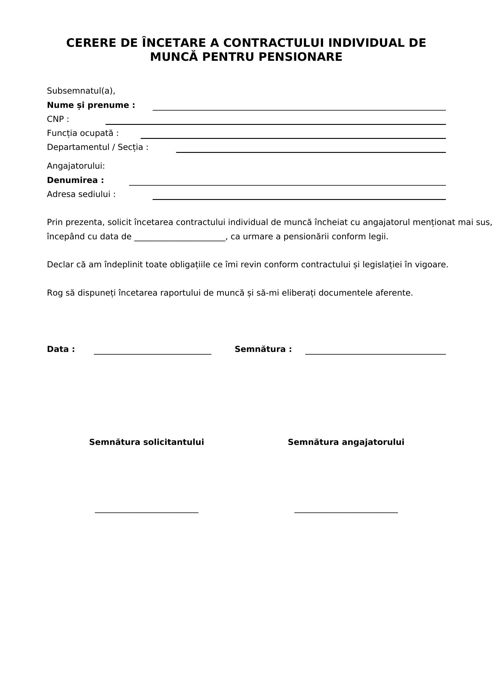 Cerere Incetare Contract De Munca Pensionare