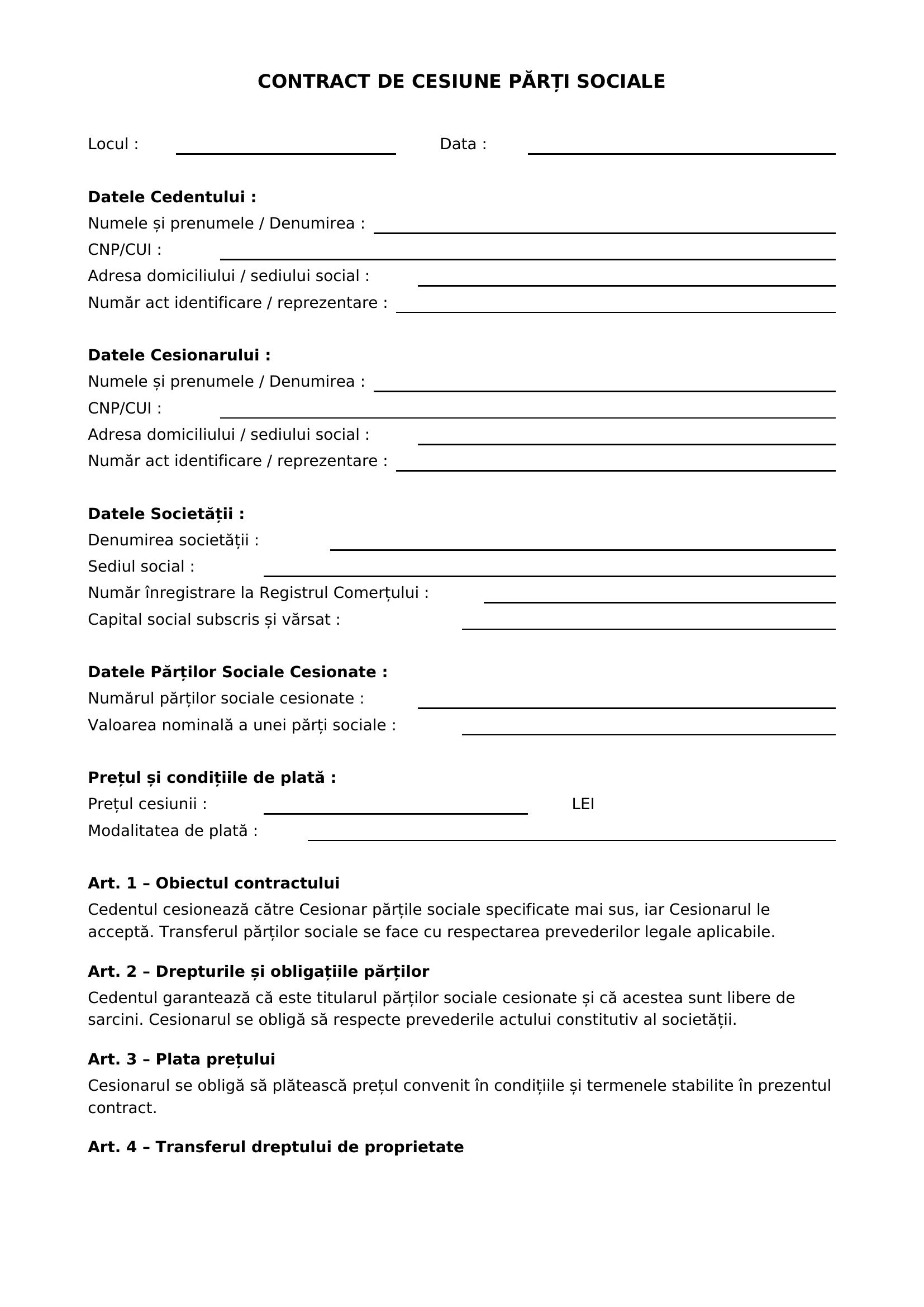 Contract Cesiune Parti Sociale
