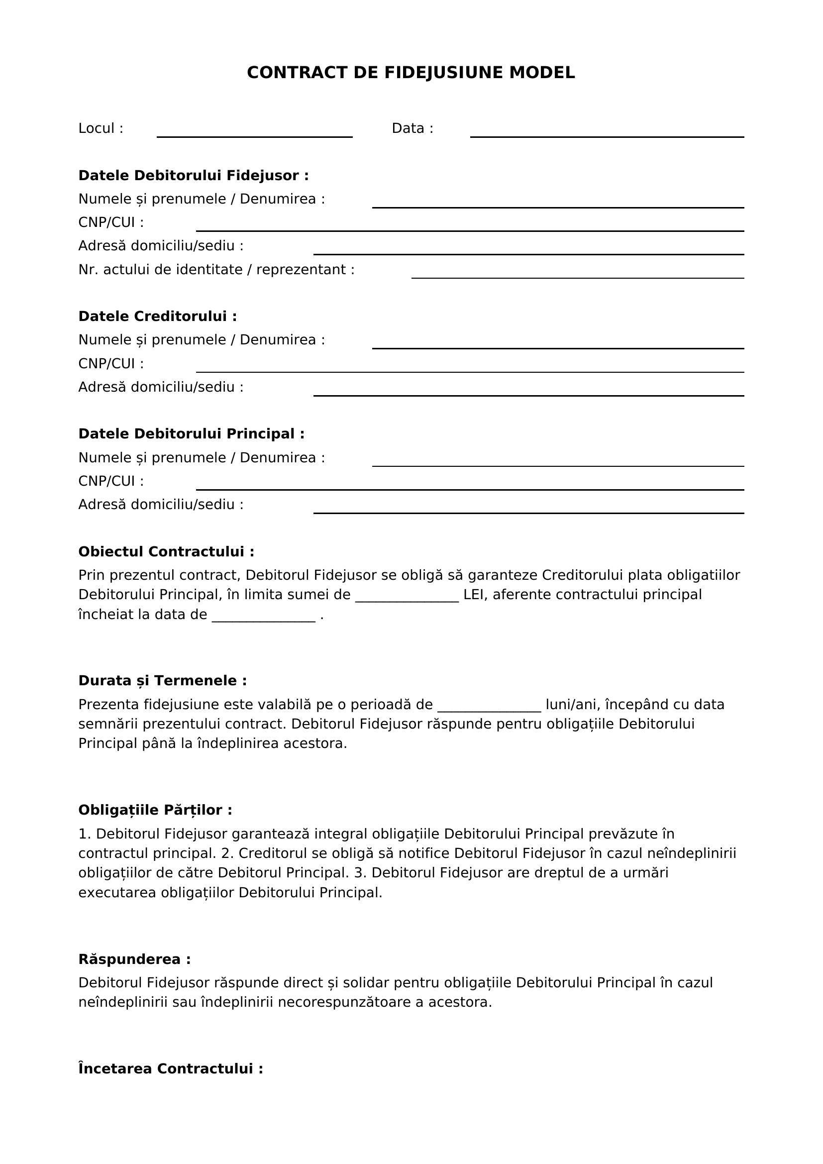 Contract De Fidejusiune Model