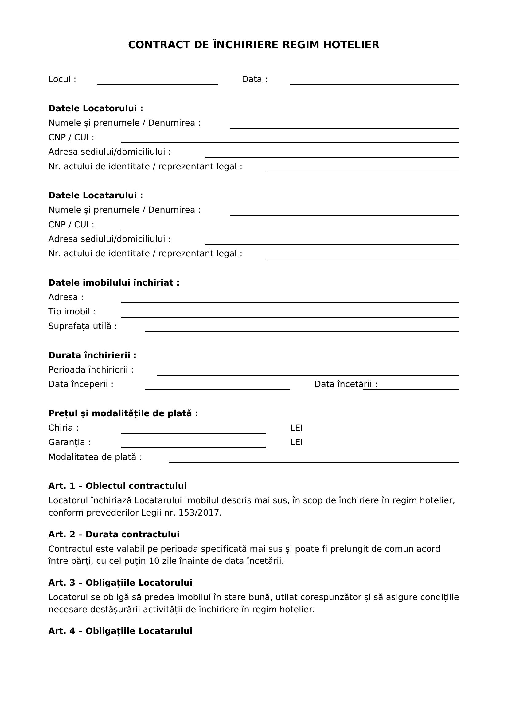 Contract Inchiriere Regim Hotelier