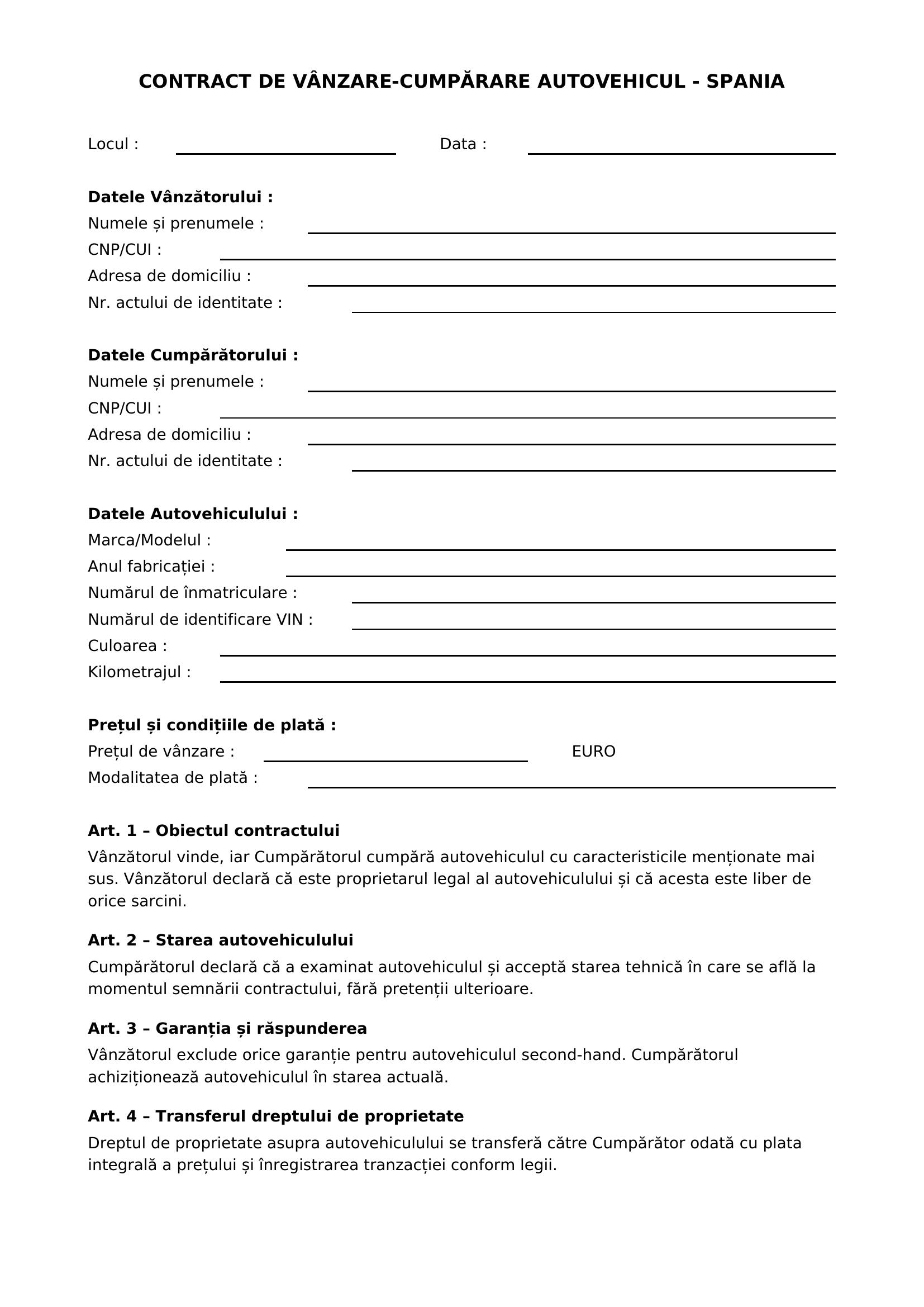Contract Vanzare Cumparare Auto Spania
