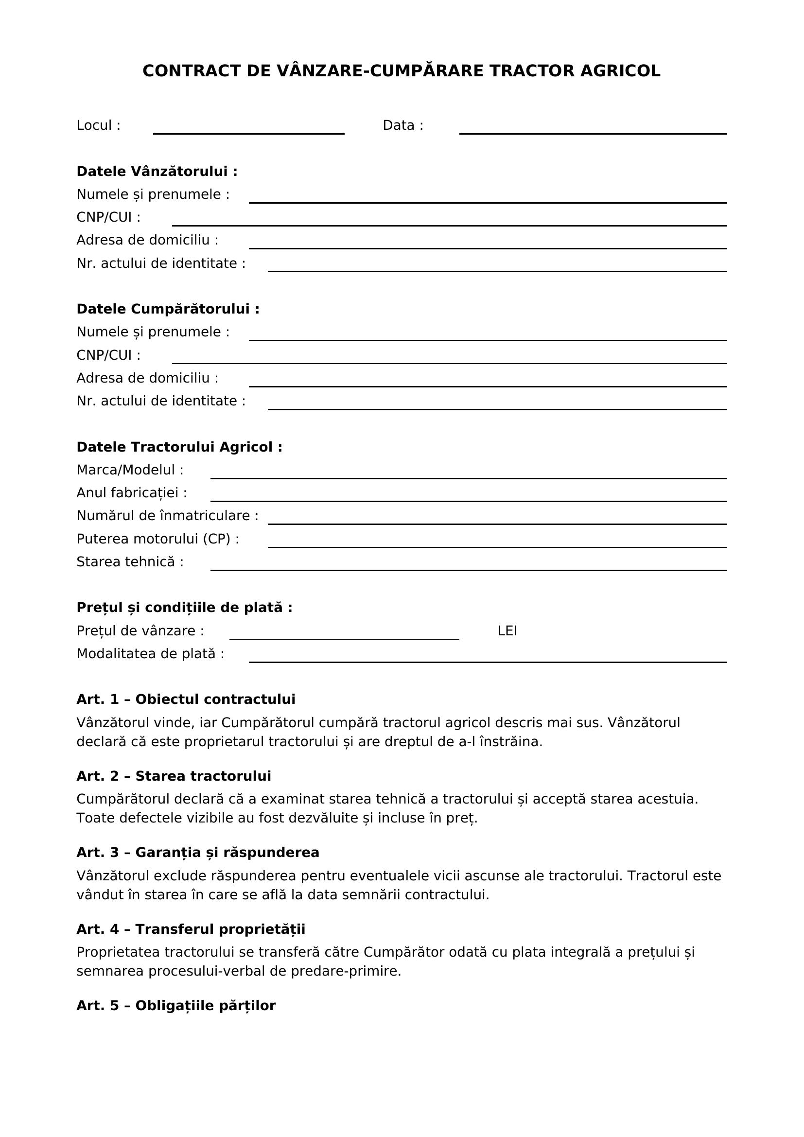 Contract Vanzare Cumparare Tractor