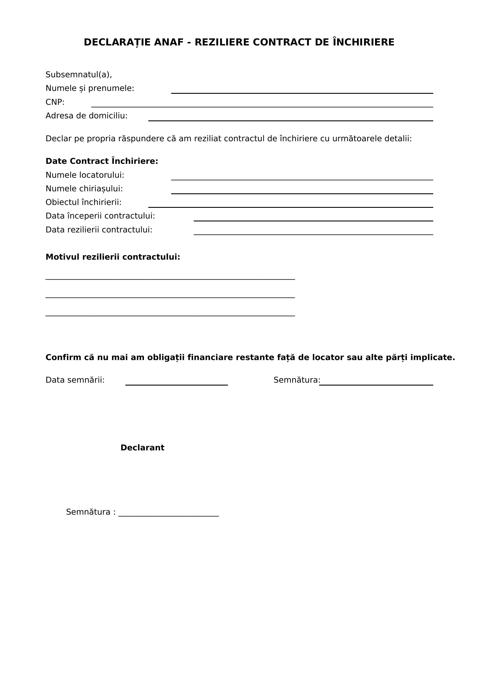Declaratie Anaf Reziliere Contract Inchiriere