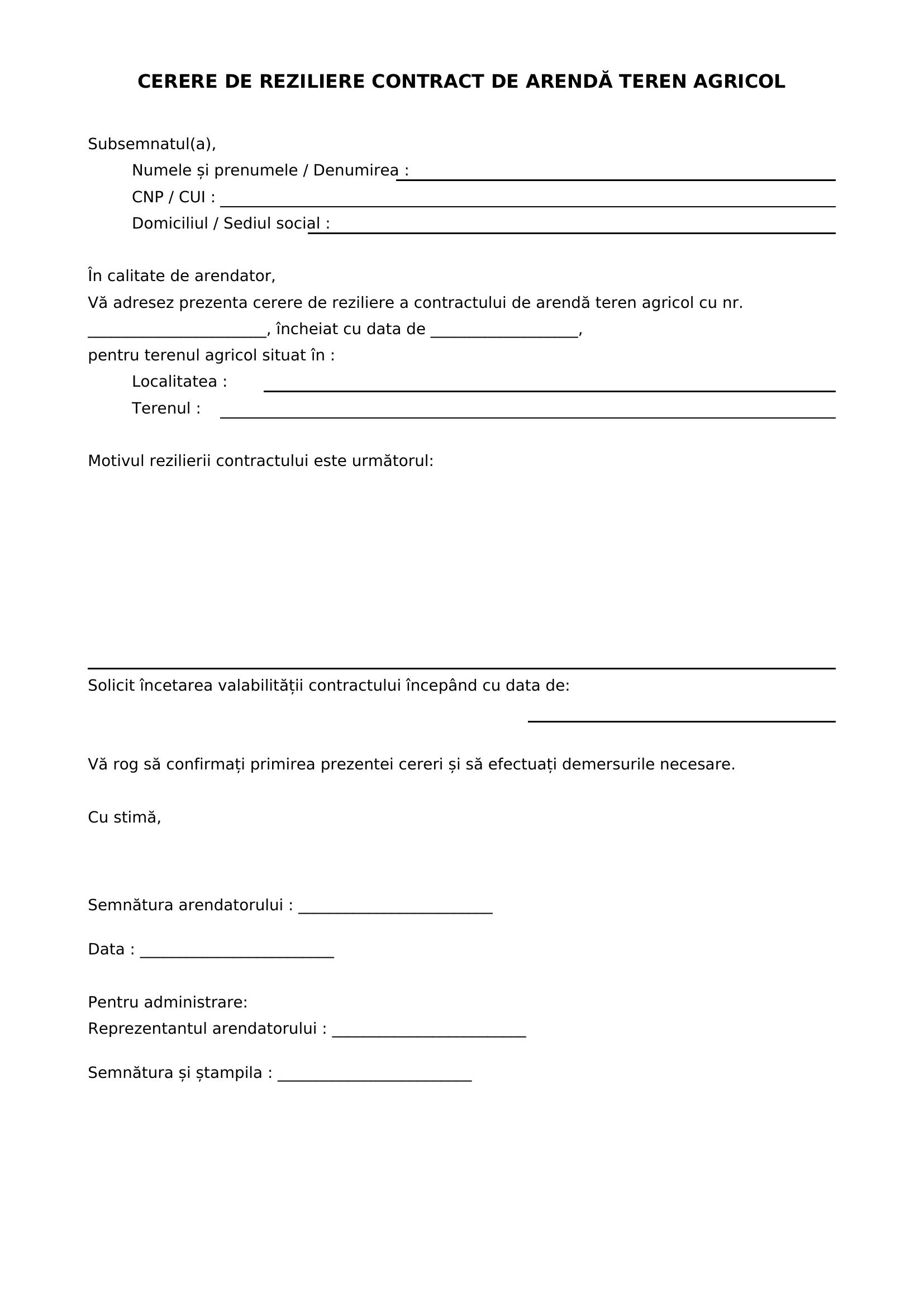 Model Cerere Reziliere Contract Arenda Teren Agricol
