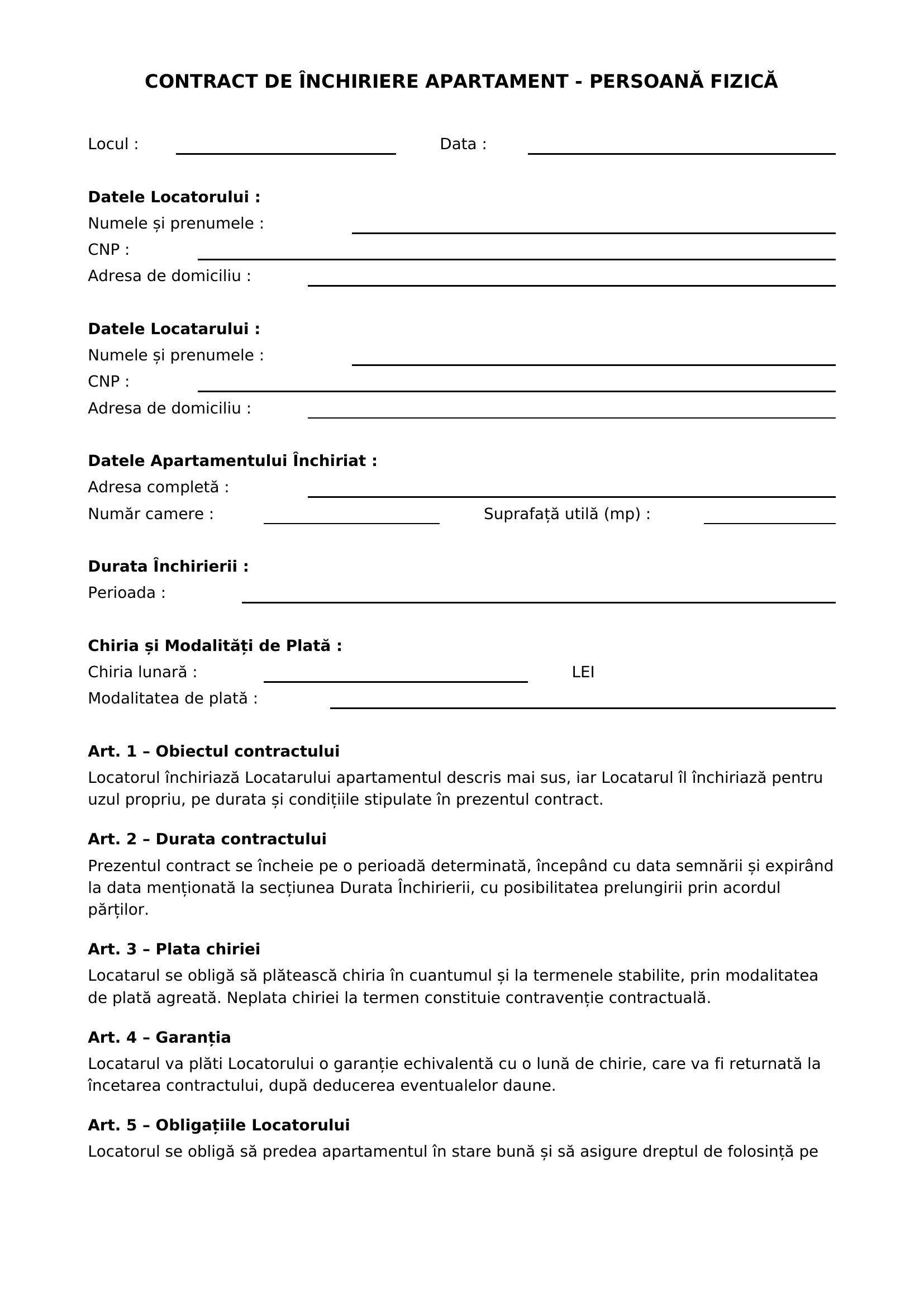 Model Contract De Inchiriere Apartament Persoana Fizica