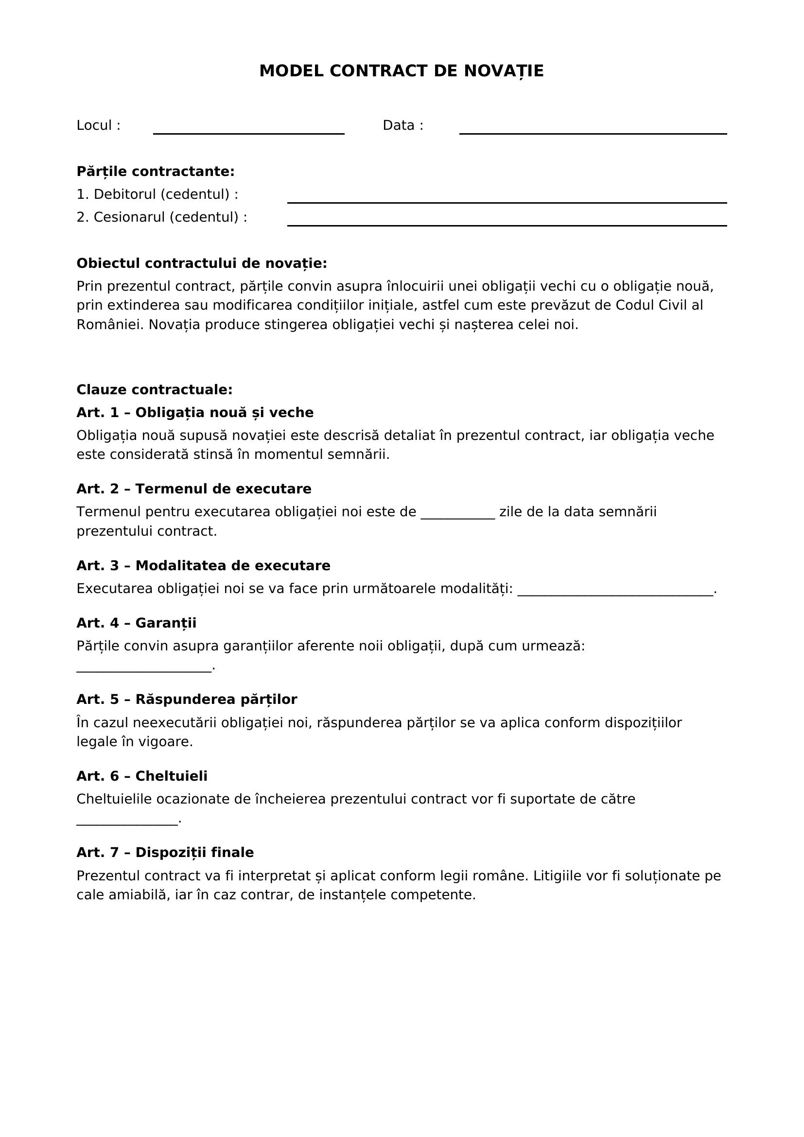 Model Contract De Novatie