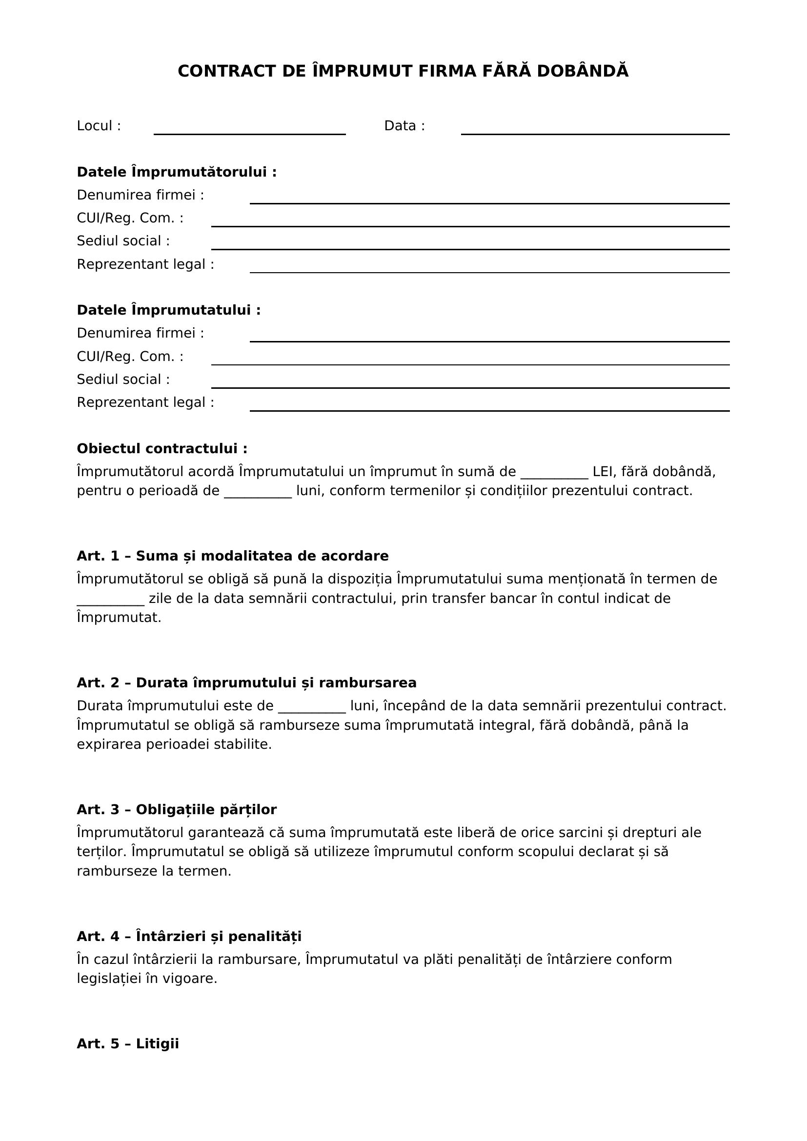 Model Contract Imprumut Firma Fara Dobanda