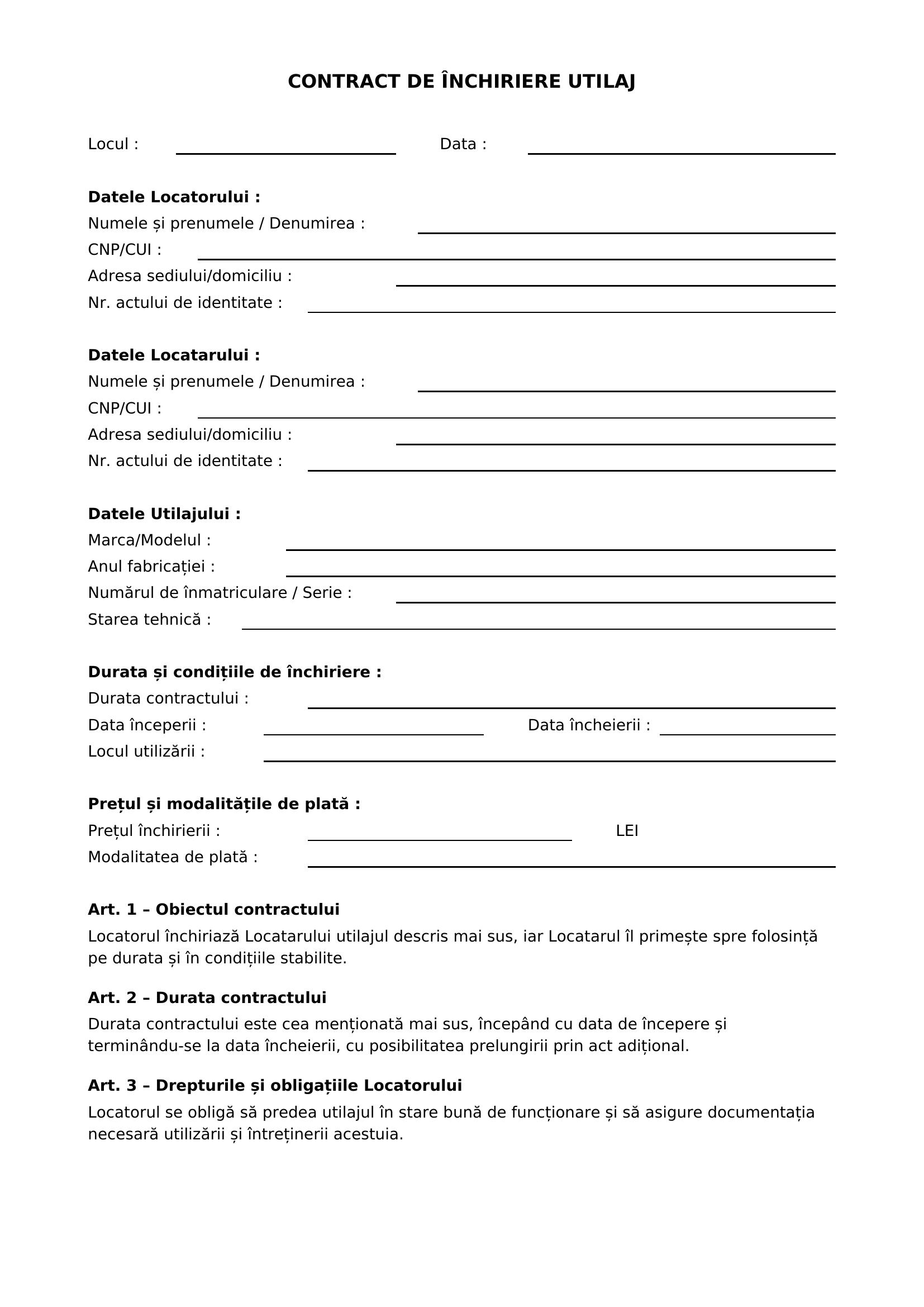 Model Contract Inchiriere Utilaje