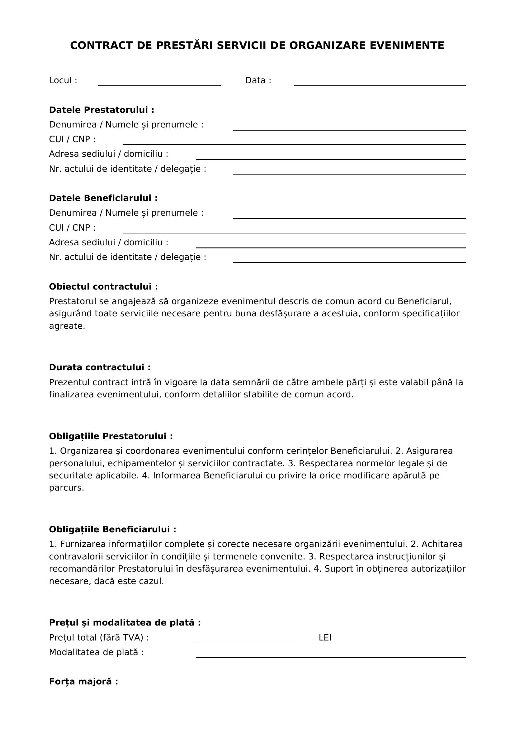 Model Contract Prestari Servicii Organizare Evenimente