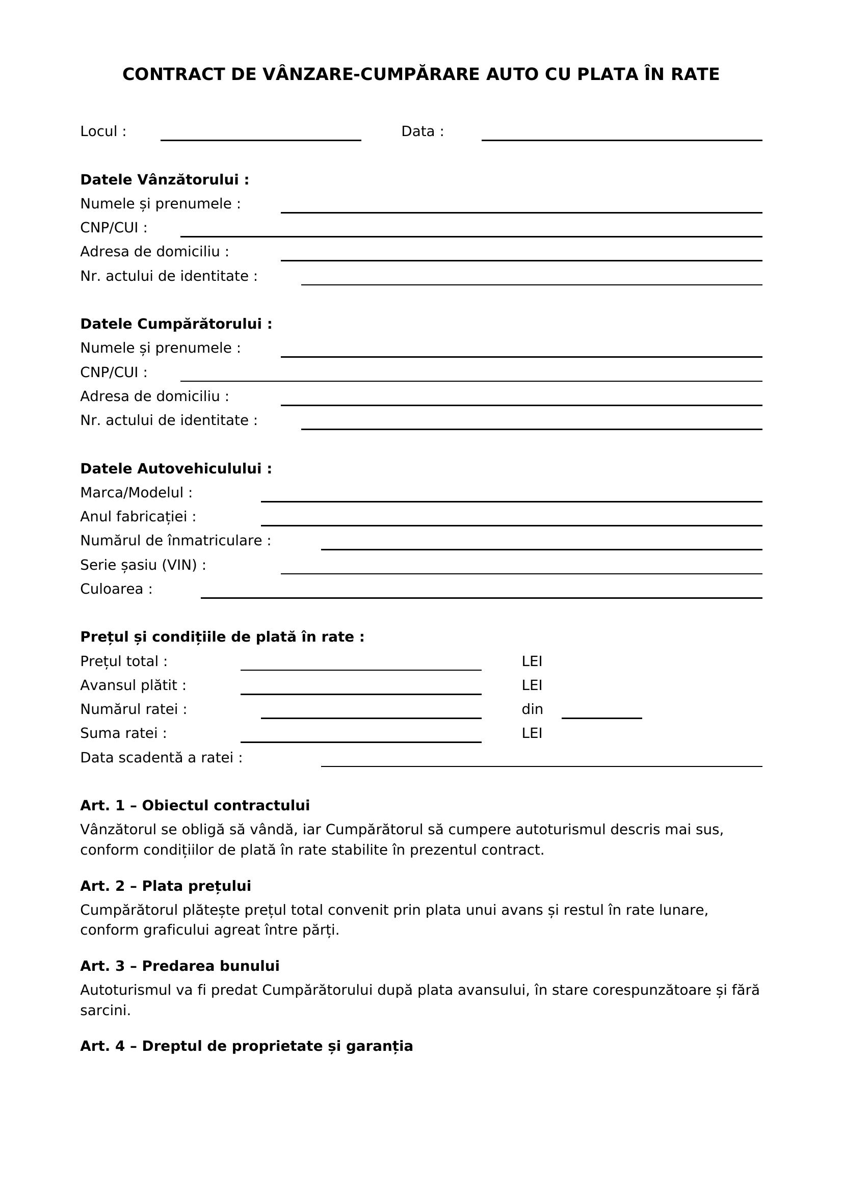 Model Contract Vanzare Cumparare Auto Cu Plata In Rate