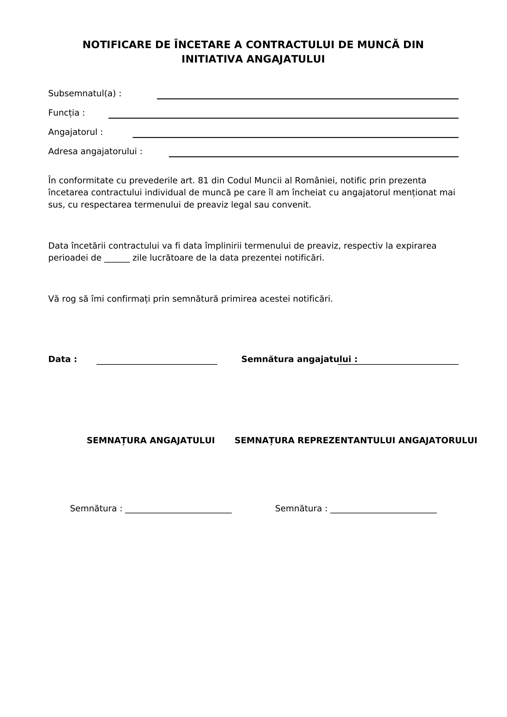 Model Notificare Incetare Contract Din Initiativa Angajatului