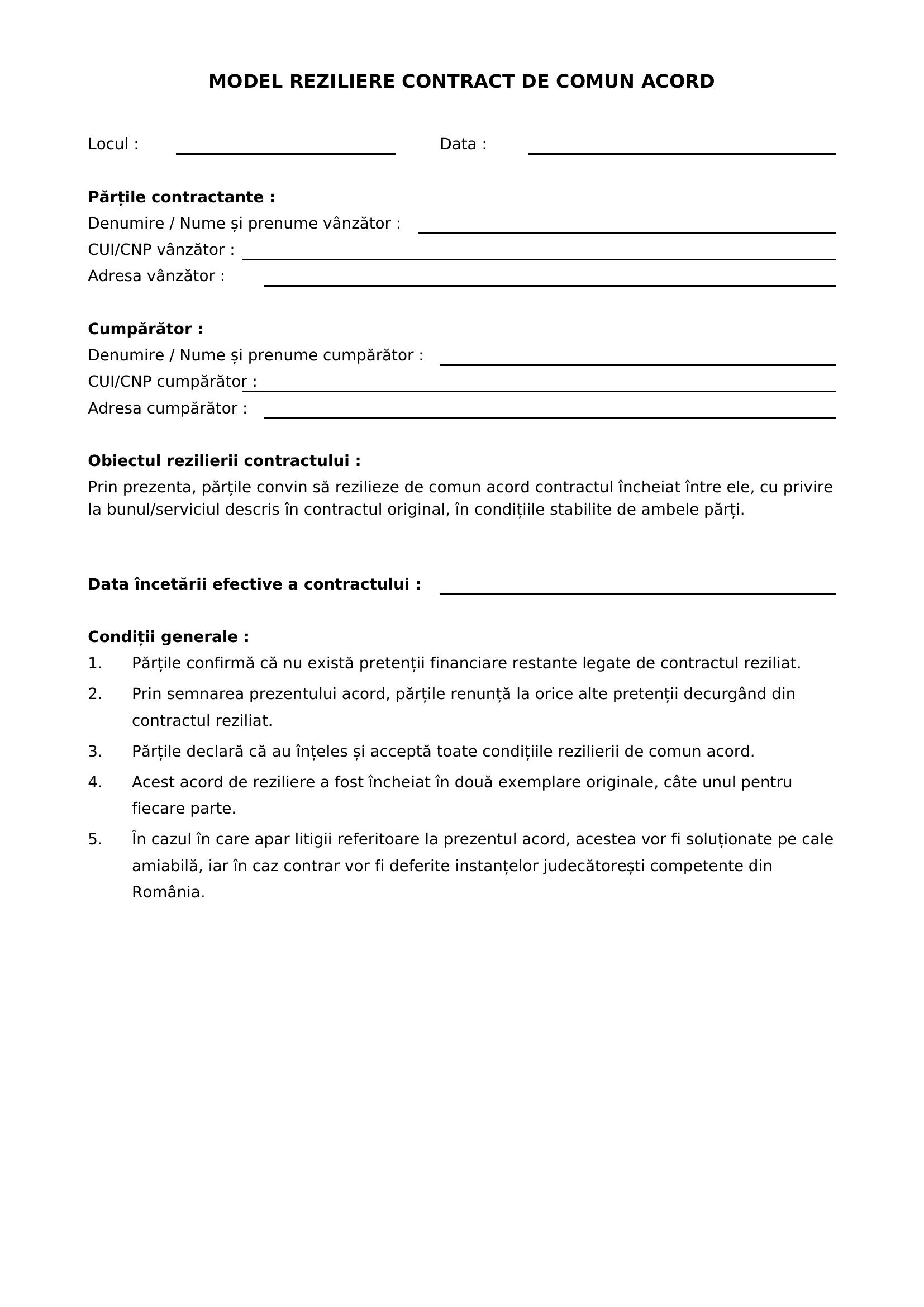Model Reziliere Contract De Comun Acord