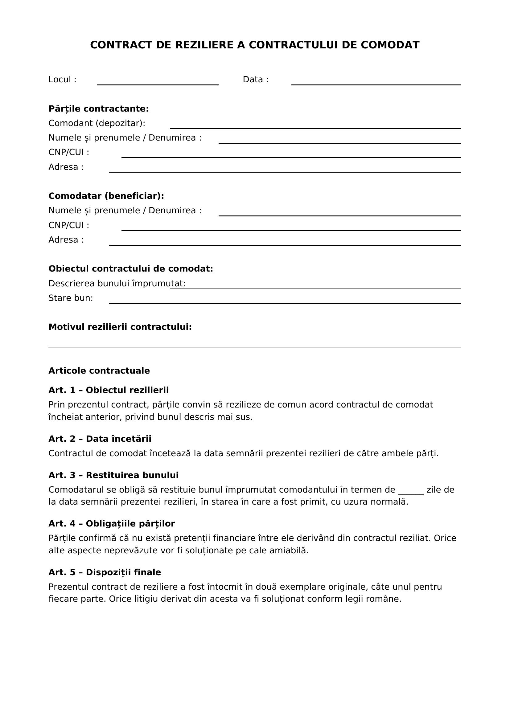 Reziliere Contract Comodat Model